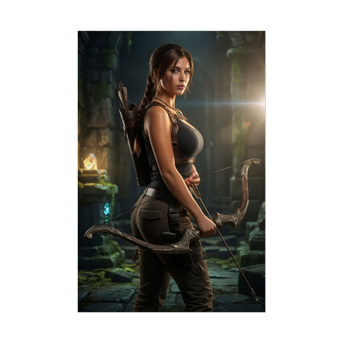 Lara Croft Poster, Tomb Raider Art Print  Iconic Explorer Gift Wall Art showing adventurous heroine with bow and quiver in atmospheric ancient ruin scene