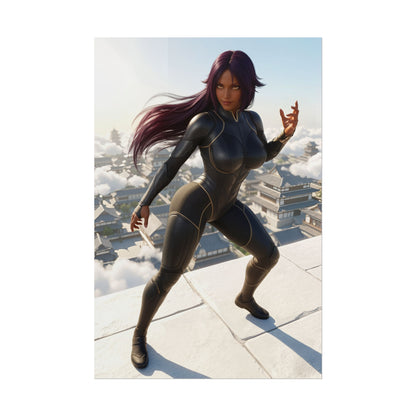 Yoruichi Shihouin Poster, Bleach Wall Art Print – Anime Decor featuring dynamic heroine in sleek black suit overlooking rooftop city