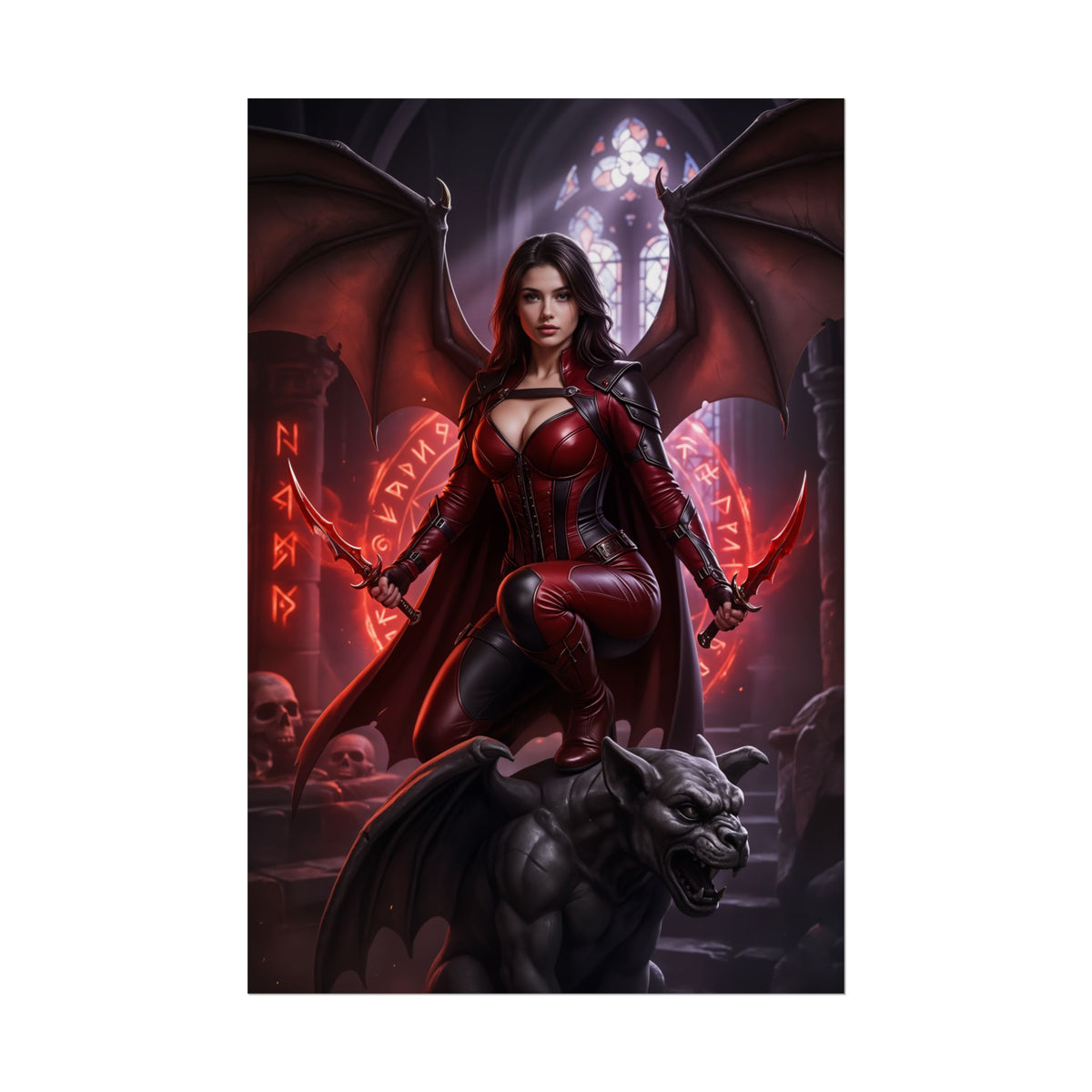 Nitara Mortal Kombat Poster  Iconic Vampire Warrior Heroine Wall Art, dramatic red-armored vampire warrior with wings and blades on gothic gargoyle