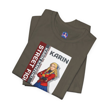 Alt Tag: Karin Kanzuki T-Shirt | Street Fighter Anime Tee for Gamers & Fighting Game Fans — folded Bella Canvas tee with refined Karin illustration