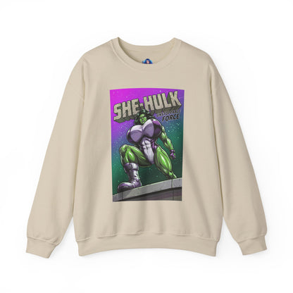 She-Hulk Sweatshirt, Comic Character Art, Premium Fan Apparel — beige crewneck with vivid green She-Hulk illustration in dominant stance