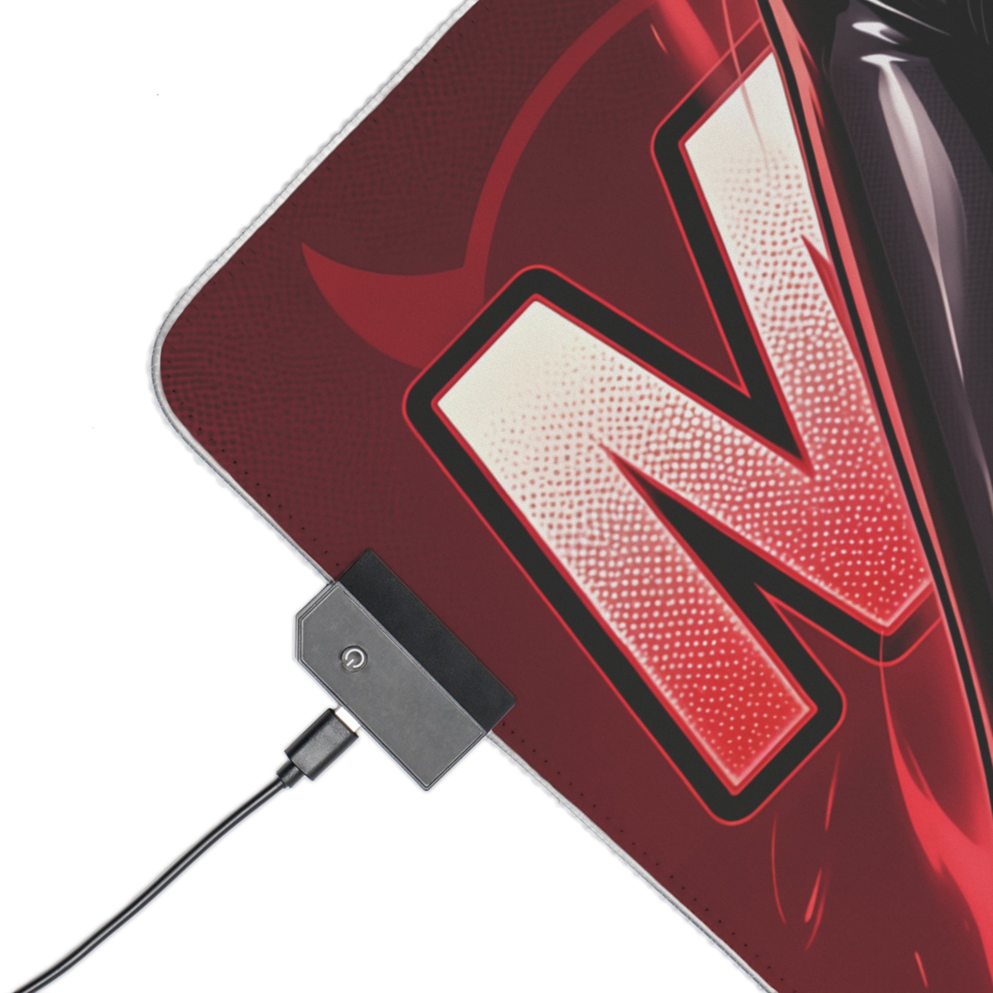 Makima RGB Desk Mat, Chainsaw Man Gaming Mouse Pad, LED Desk Mat for Anime Setup close-up corner with red M artwork, USB RGB controller
