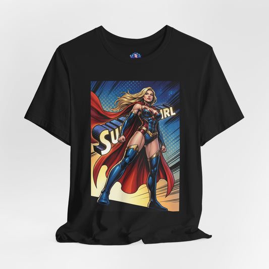 Supergirl T-Shirt | DC Comics Anime Tee for Gamers & Fans - bold comic-style Supergirl on black Bella Canvas tee