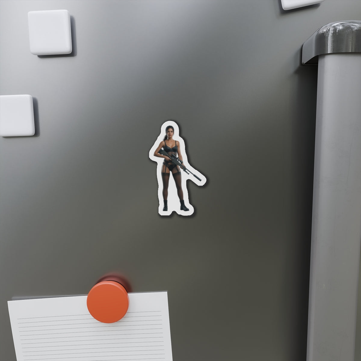 Quiet Magnet – Metal Gear Solid V Fridge Magnet, Game Character Decor — anime-style Quiet die-cut vinyl fridge magnet on gray fridge