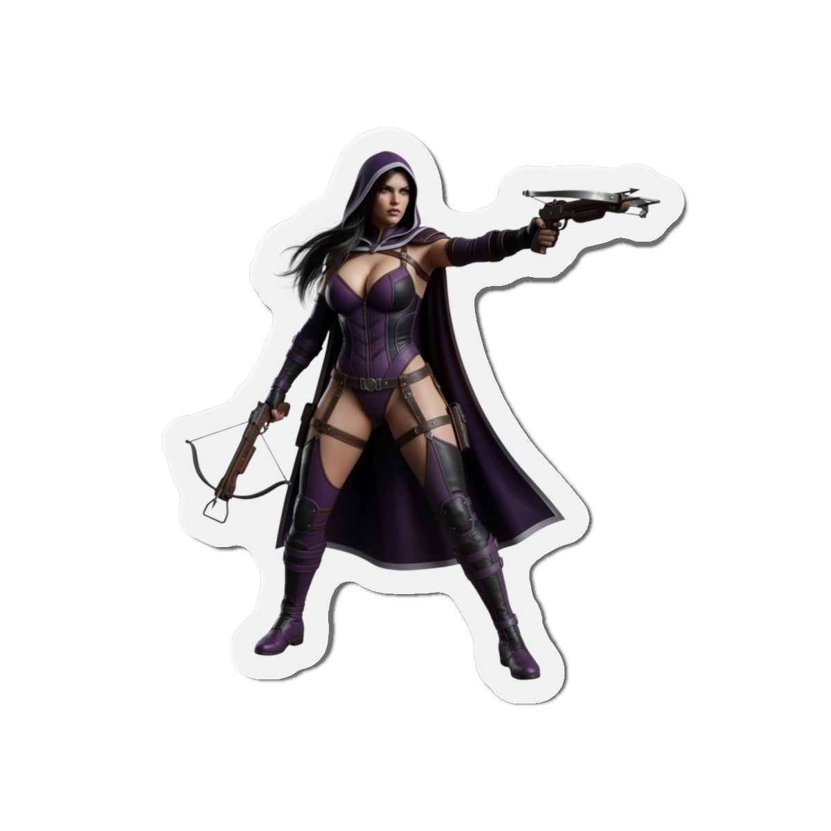 Huntress Magnet – DC Comic Heroine Fridge Magnet, Anime Style Decor showing die-cut vinyl Huntress in purple tactical outfit aiming crossbow and pistol