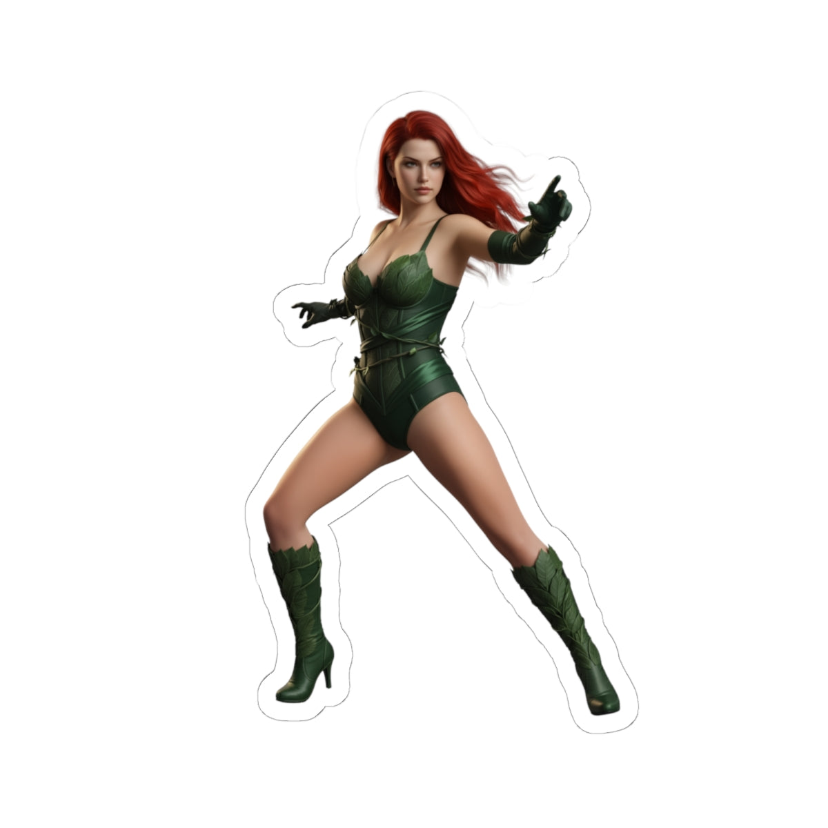 Poison Eve Sticker – Sci-Fi Game Vinyl Sticker for Laptops & Indoor Decor, glossy durable vinyl sticker of red‑haired sci‑fi heroine in green outfit