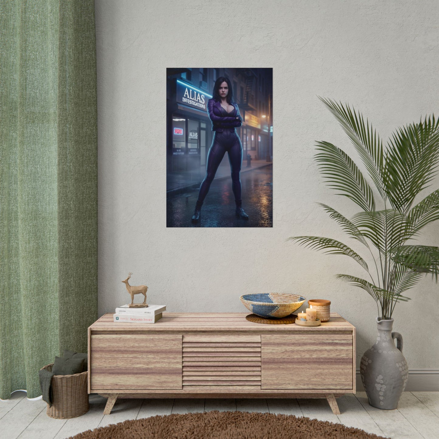 Jessica Jones Poster, Marvel Art Print – Superhero Wall Art - gritty high-res poster displayed in modern entertainment room
