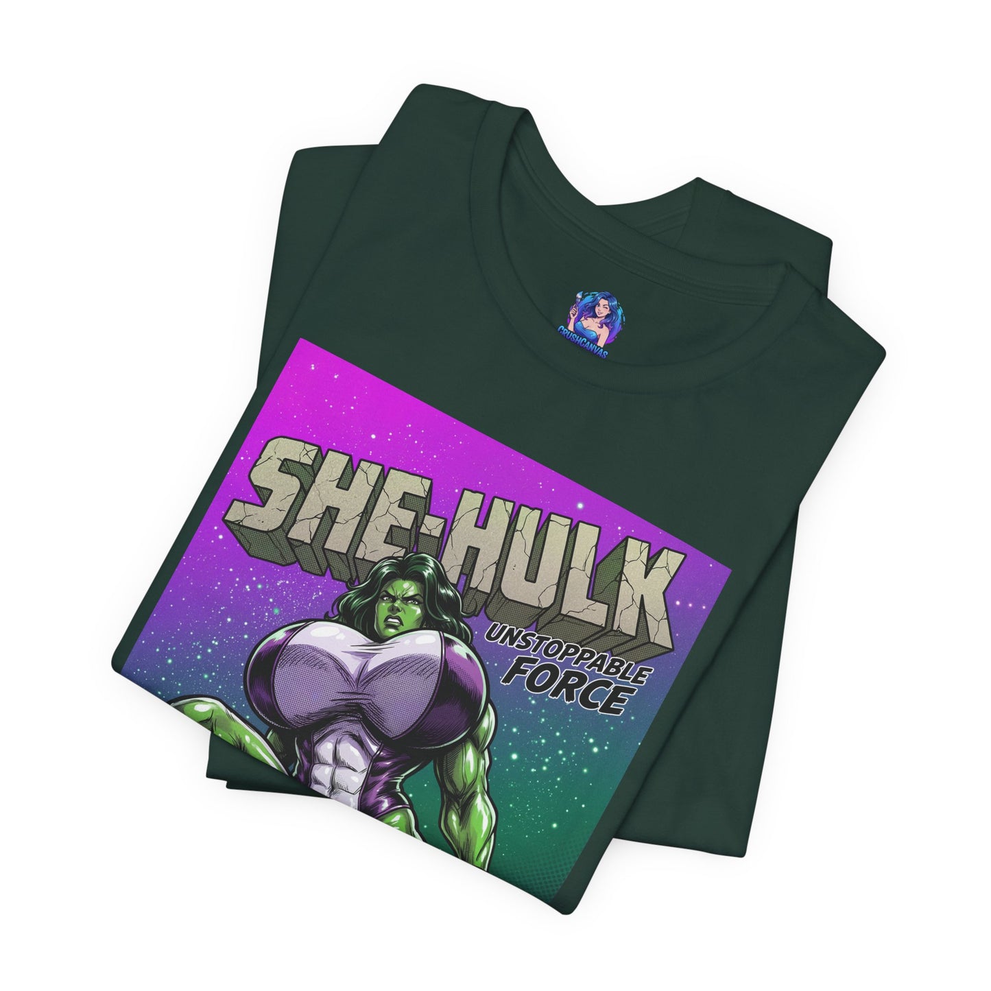 Alt Tag: She-Hulk T-Shirt | Marvel Comic Heroine Anime Tee green tee with comic-style She-Hulk illustration and bold "Unstoppable Force" text