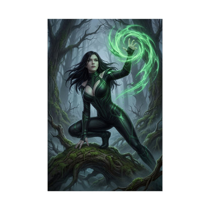 Hela Poster, Marvel Wall Art Print – Dark Fantasy Decor showing Hela in dark forest with green magical energy, perfect villain collector and gamer room art
