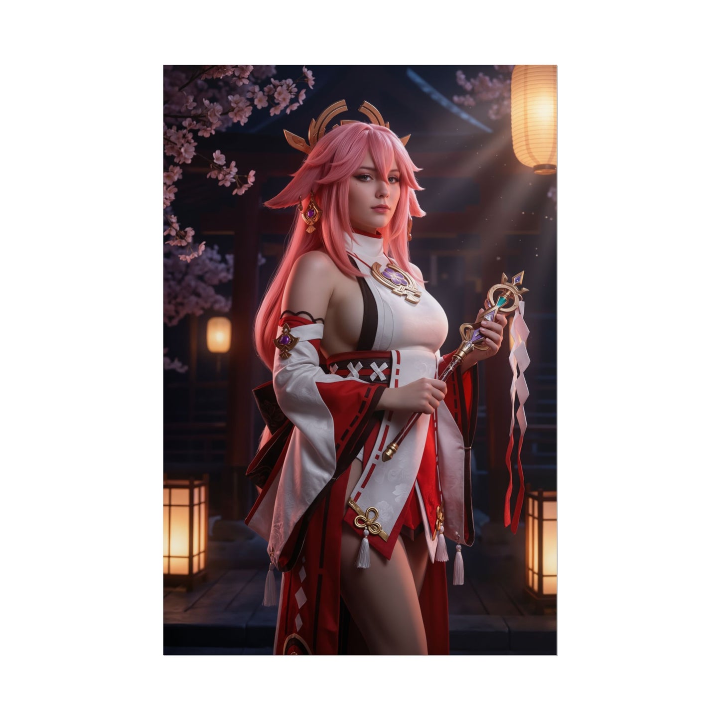 Yae Miko Poster, Genshin Impact Art Print – Iconic Electro Shrine Maiden showing elegant shrine maiden cosplay poster with lanterns and cherry blossoms