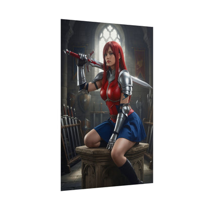 Erza Scarlet Poster, Fairy Tail Art Print, Iconic Armor Warrior Wall Decor - dramatic armored Erza portrait in gothic armory setting