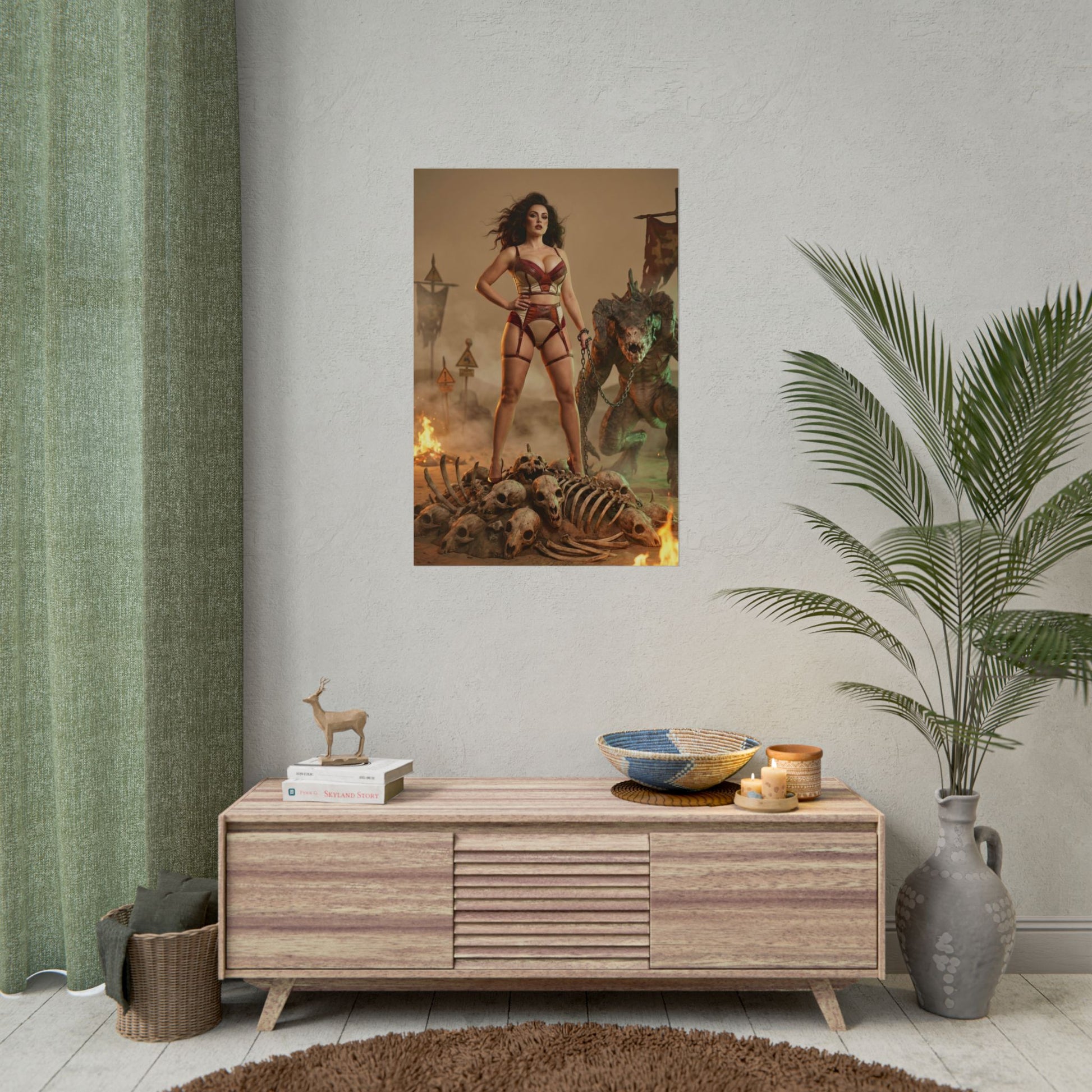 Fallout Queen Woman Poster / Fallout Queen Wall Art / Fallout Queen Art Print / Fallout Poster - powerful woman ruler standing over skulls in fiery post-apocalyptic scene