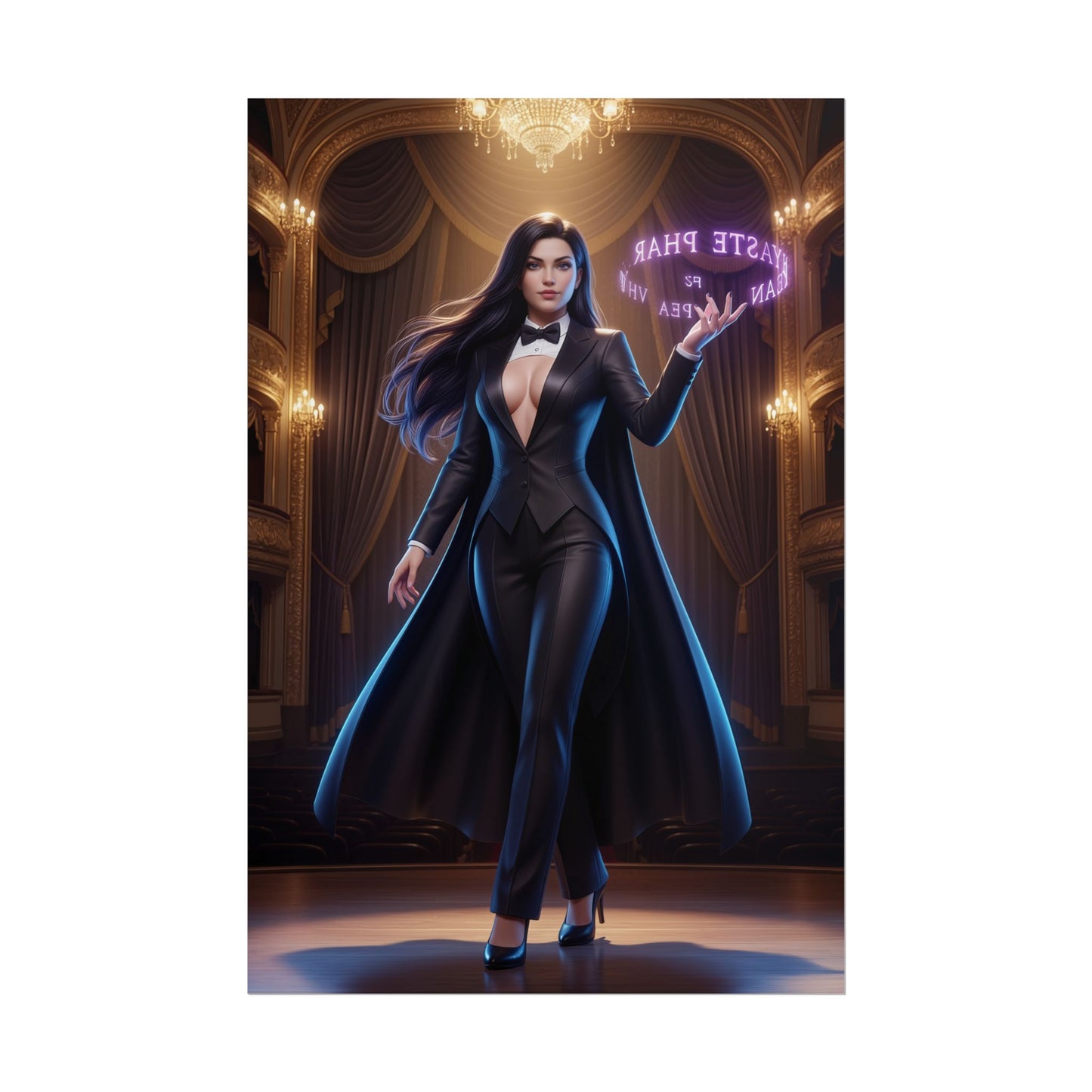 Zatanna Poster, DC Comics Wall Art Print – Sorceress Decor: elegant Zatanna in tuxedo casting neon magic on theater stage