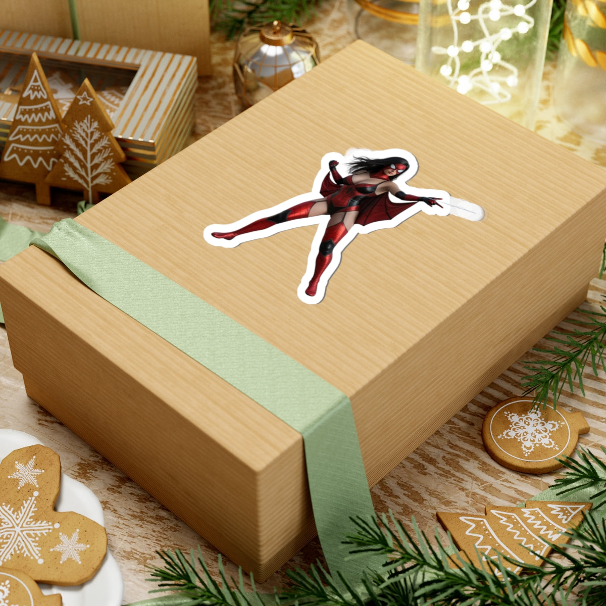 Spider Woman Sticker – Comic Heroine Vinyl Sticker for Laptops & Indoor Decor on wrapped gift box showcasing glossy durable vinyl decal