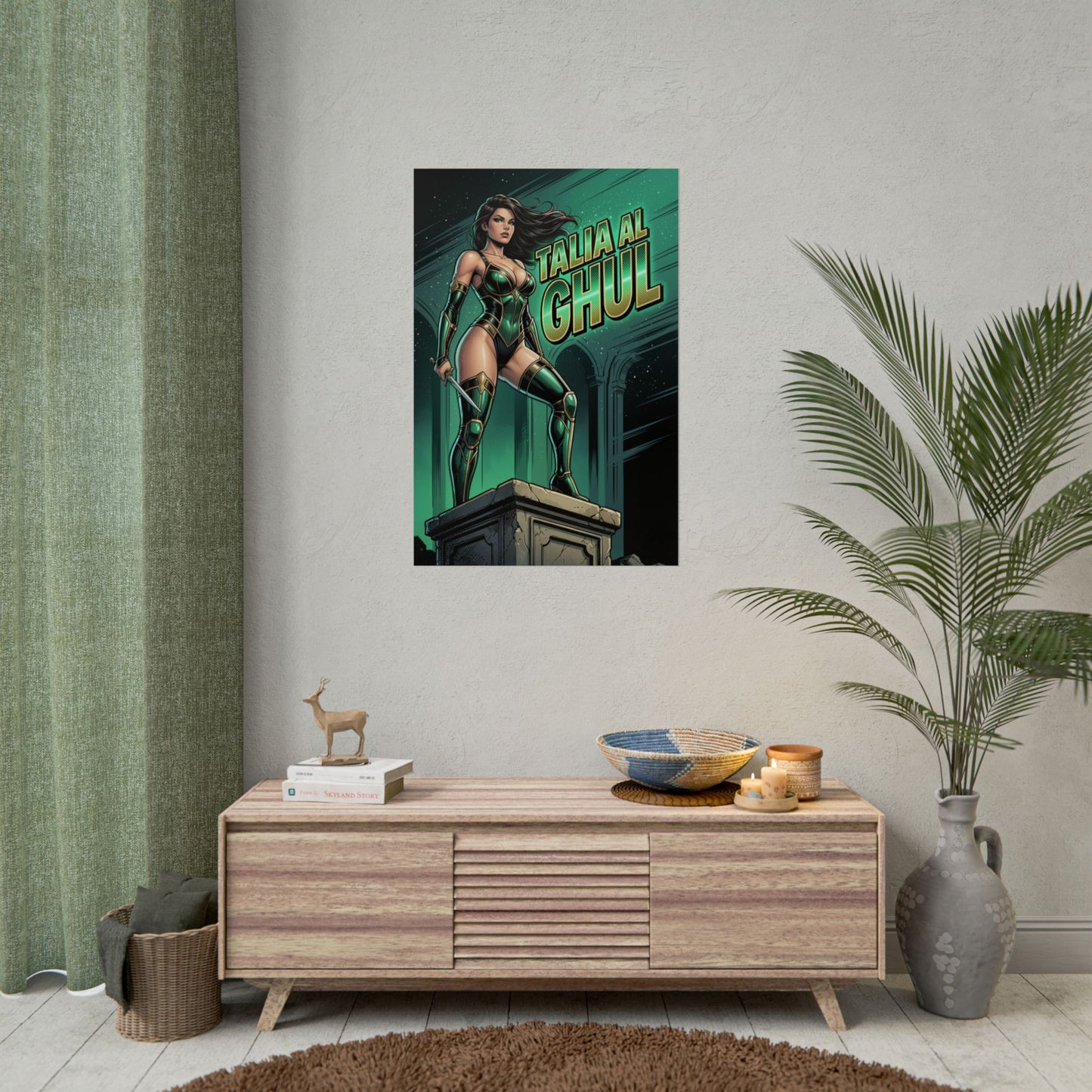 Talia al Ghul Poster / Talia al Ghul Wall Art / Talia al Ghul Art Print / DC Comics Poster — emerald-toned Talia al Ghul standing on pedestal, comic art