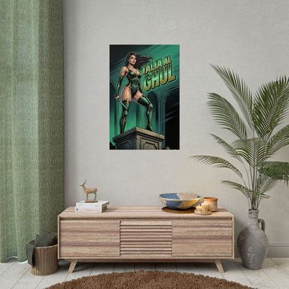 Talia al Ghul Poster / Talia al Ghul Wall Art / Talia al Ghul Art Print / DC Comics Poster — emerald-toned Talia al Ghul standing on pedestal, comic art
