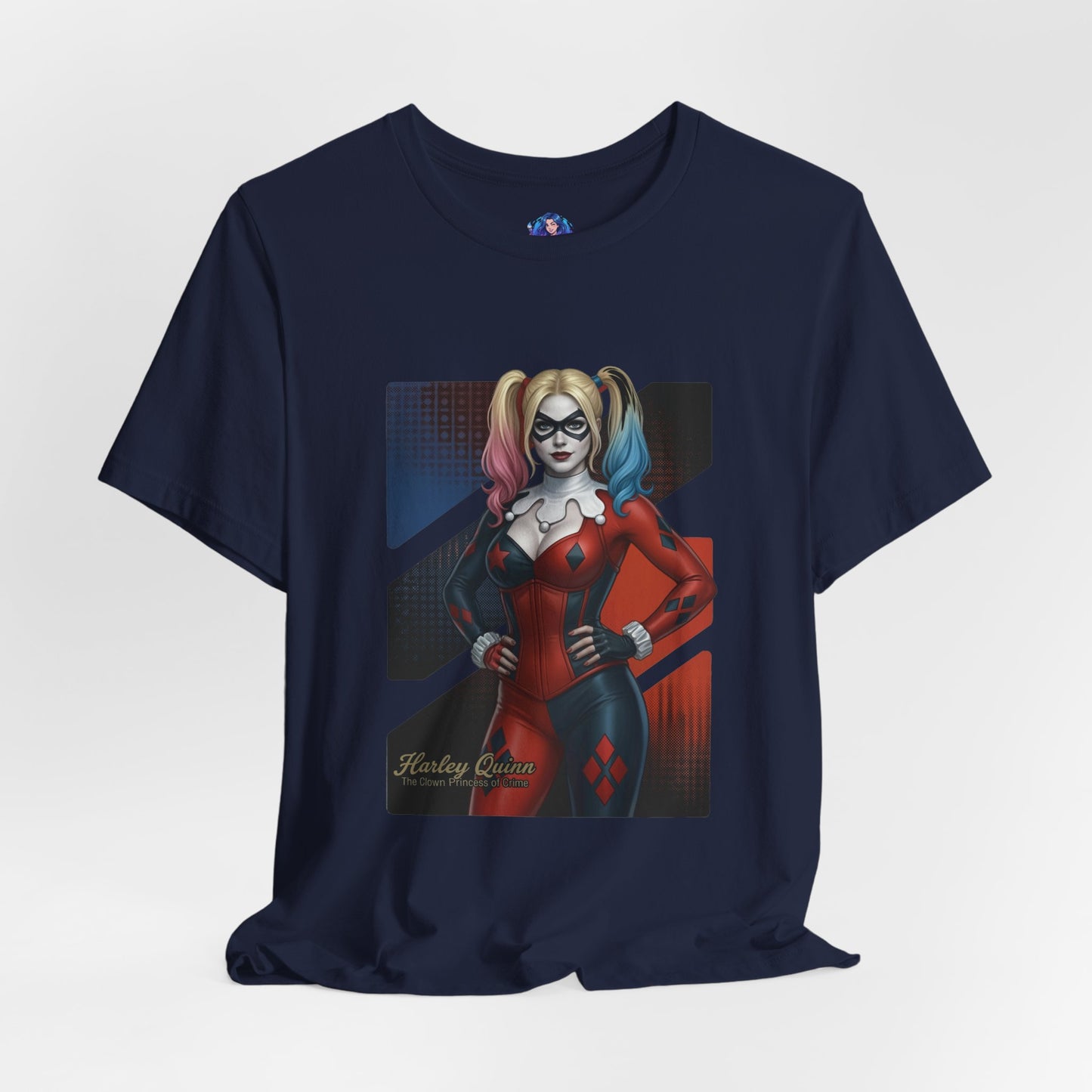Harley Quinn T-Shirt | DC Comics Anime Tee for Gamers & Comic Fans – anime-style Harley Quinn portrait on navy Bella Canvas tee