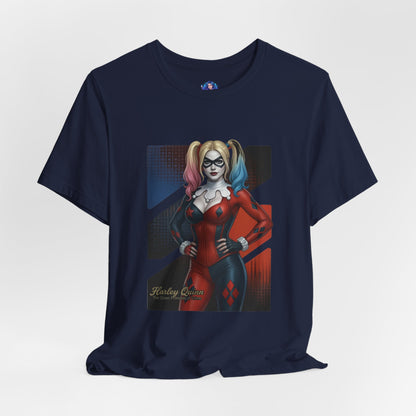 Harley Quinn T-Shirt | DC Comics Anime Tee for Gamers & Comic Fans – anime-style Harley Quinn portrait on navy Bella Canvas tee