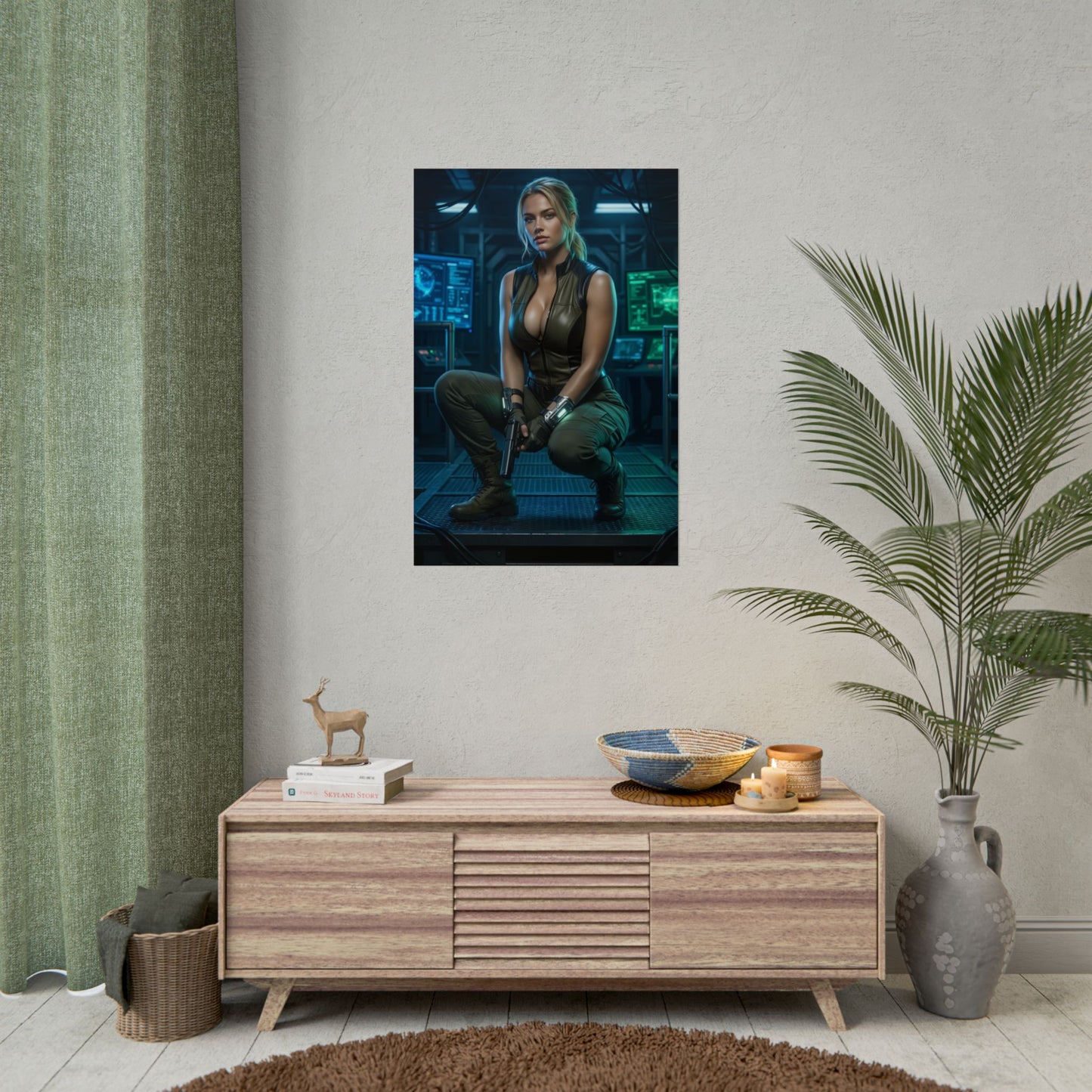 Sonya Blade Mortal Kombat Poster – Iconic Fighting Game Heroine Wall Art in gaming room, high-res military-style poster on wall