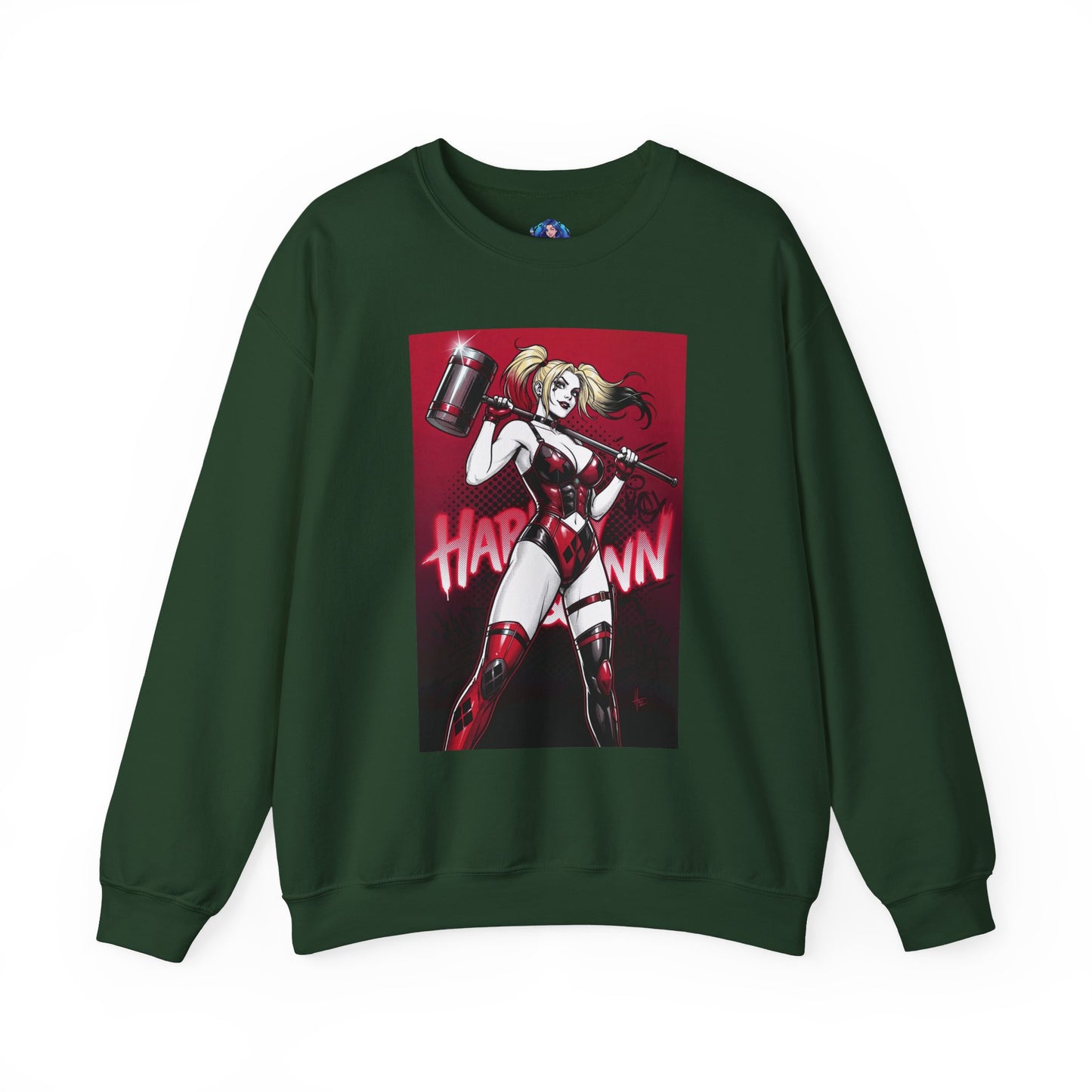 Harley Quinn Sweatshirt, DC Comics Pop Art Style, Premium Fan Apparel — green crewneck with anime-style Harley holding oversized hammer in red-and-black art