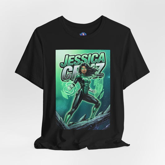 Jessica Cruz T-Shirt | DC Comics Green Lantern Anime Tee for Fans black Bella+Canvas tee featuring anime-style Jessica Cruz with glowing green power constructs