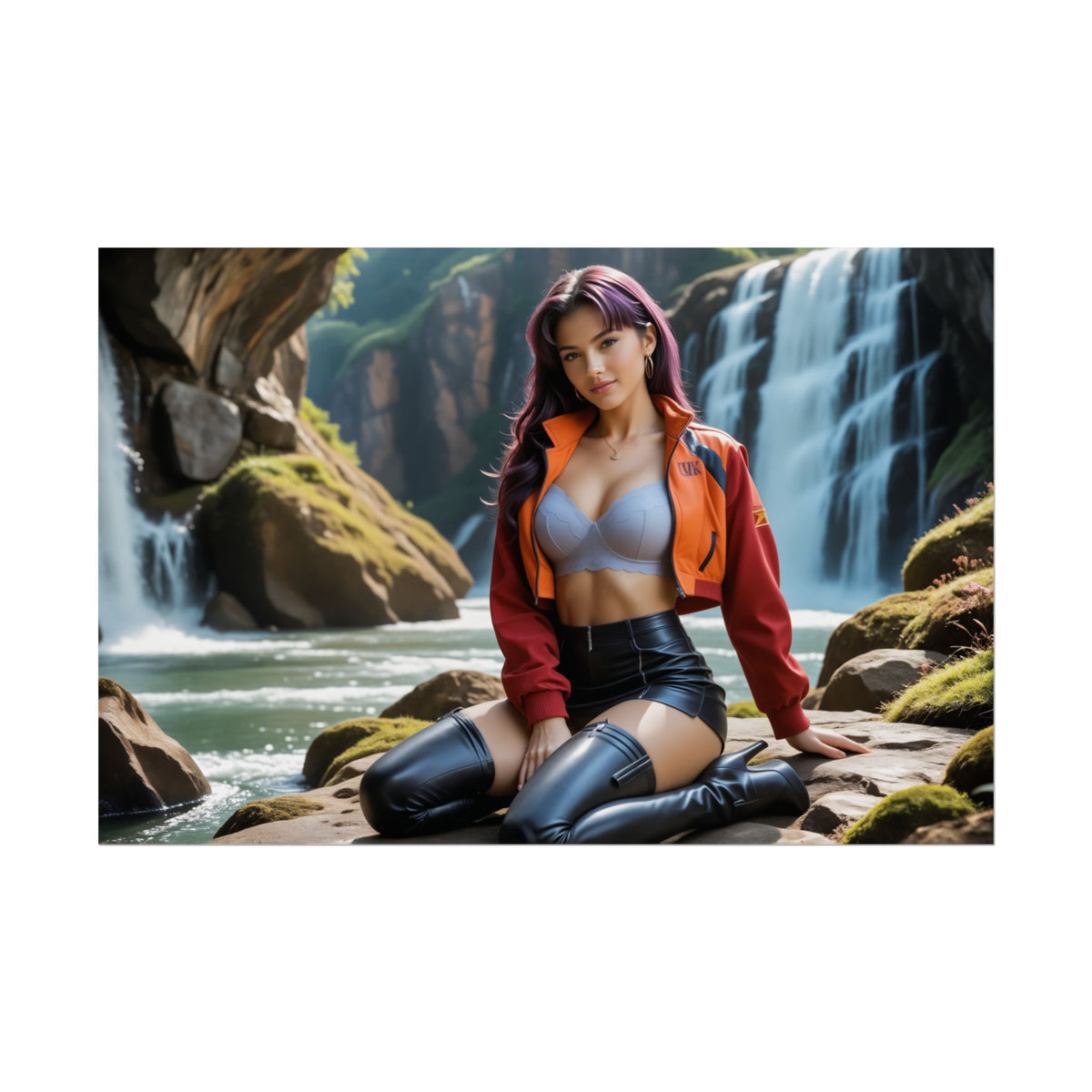 Faye Valentine Anime Poster | Waifu Wall Art for Space Bounty Decor - sultry waifu portrait in orange jacket by waterfall, high-res print