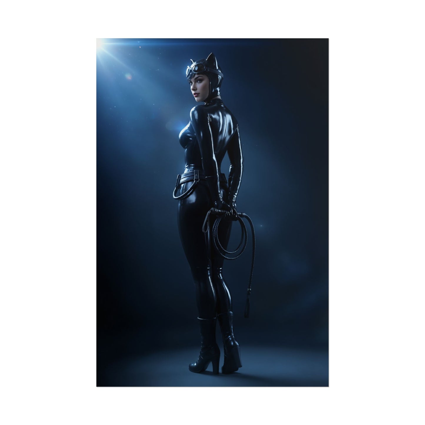 Alt Tag: Black Cat Marvel Poster – Iconic Comic Anti-Heroine Wall Art Decor, sleek high-res Black Cat in glossy suit holding whip, blue spotlight