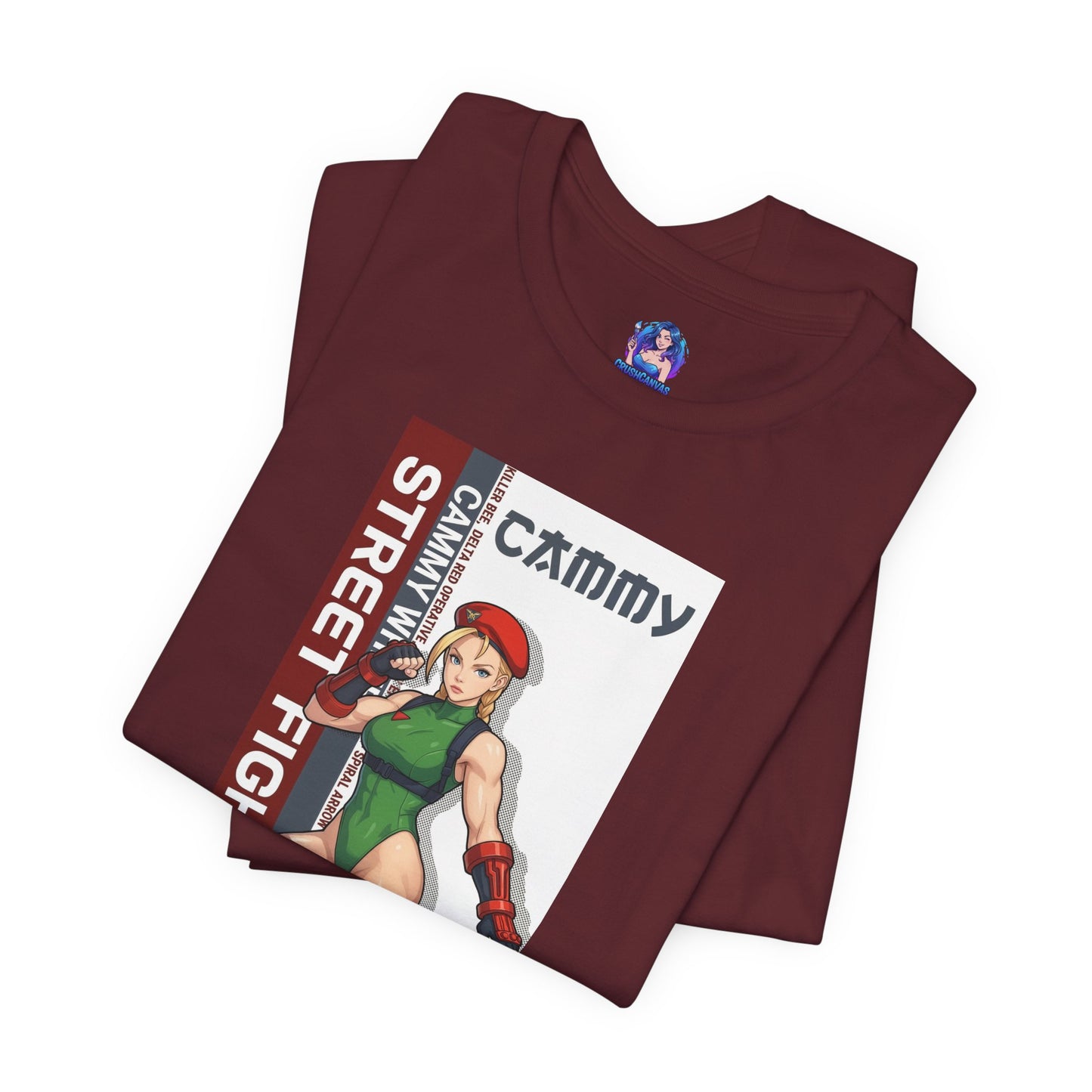 Cammy White T-Shirt | Street Fighter Anime Tee for Gamers & Fighting Game Fans - maroon Bella Canvas tee with Cammy illustration