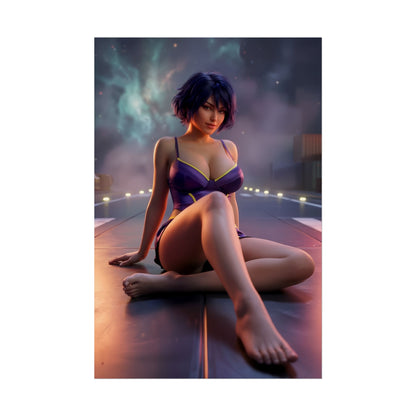 Faye Valentine Poster / Faye Valentine Wall Art / Faye Valentine Art Print / Cowboy Bebop Poster - cinematic Faye Valentine sitting in moody sci‑fi lighting