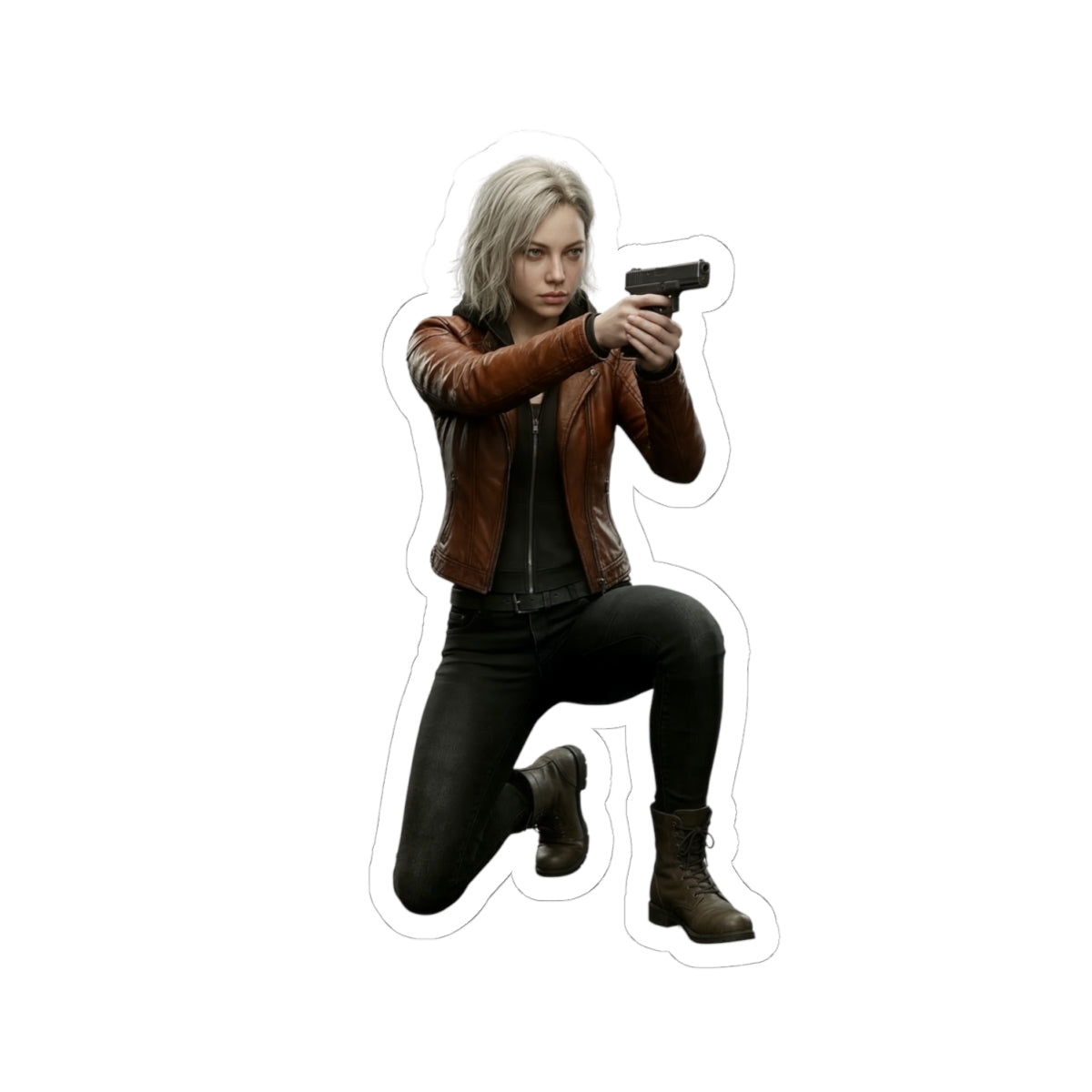Grace Ashcroft Sticker, Resident Evil Sticker, Gaming Room Decor, Gamer Gift - glossy vinyl sticker of armed survivor character aiming handgun