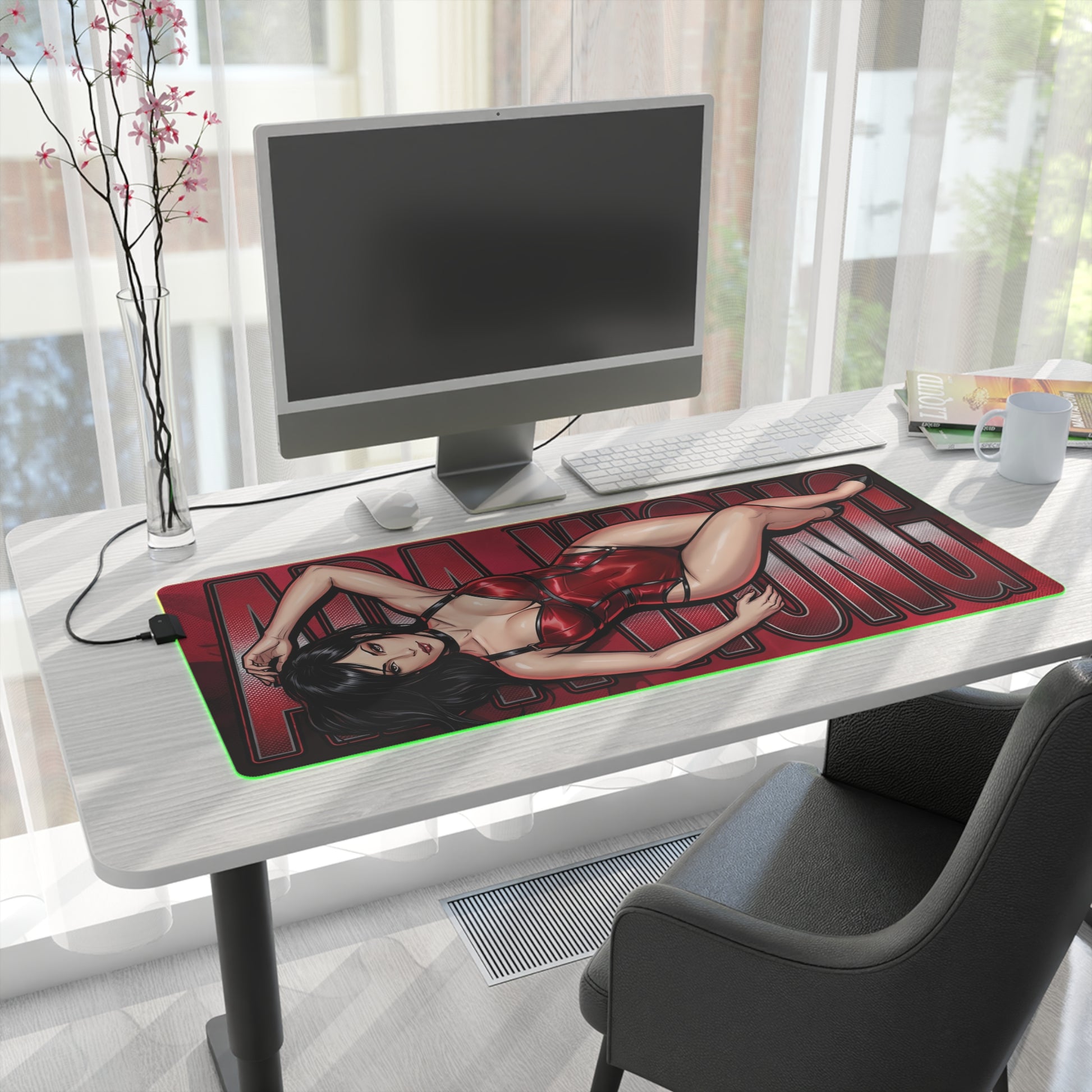 Ada Wong RGB Desk Mat, Resident Evil Gaming Mouse Pad, LED Desk Mat for Gamer Setup featuring red-toned artwork of Ada Wong on large RGB desk mat