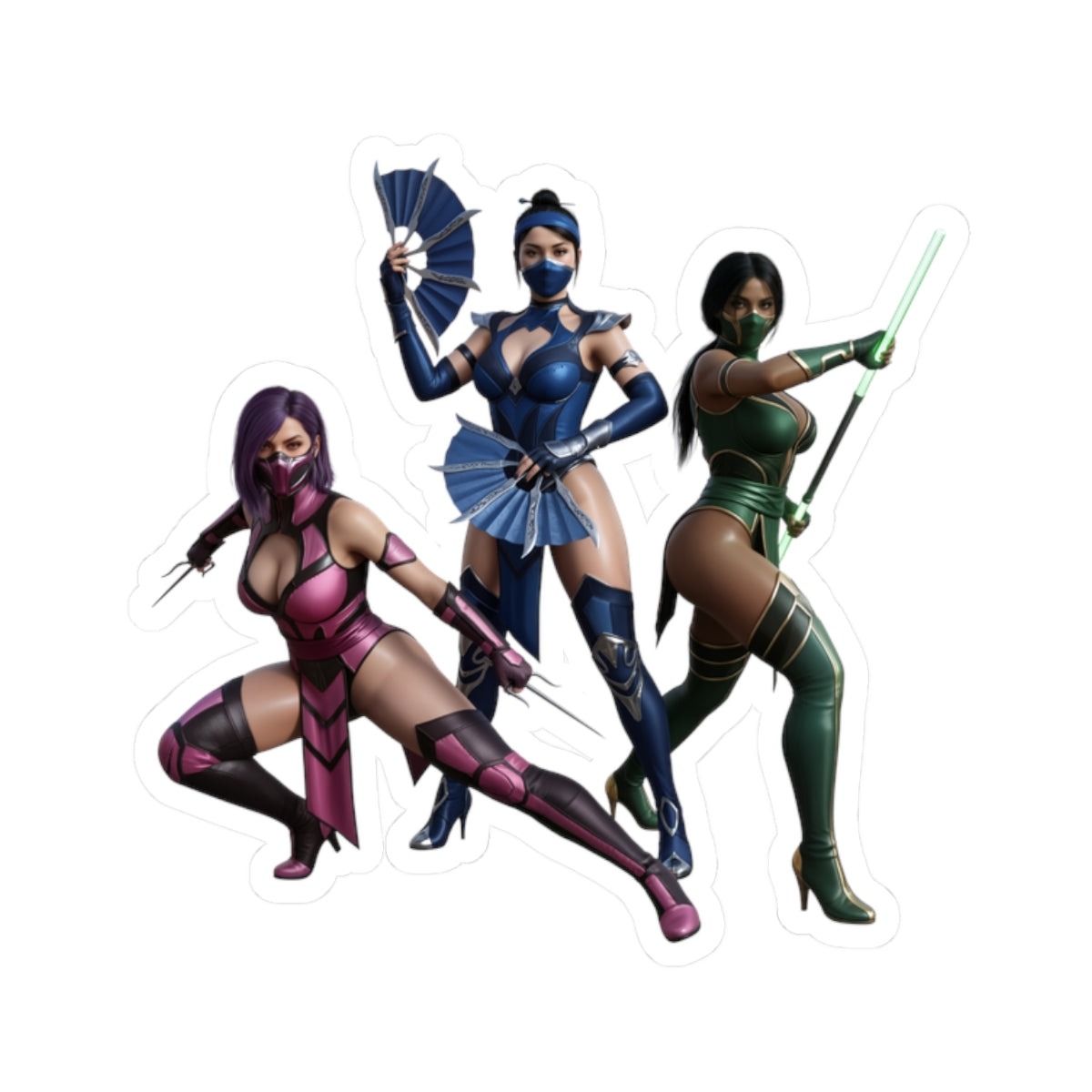 Kitana, Jade, Mileena Sticker – Mortal Kombat Vinyl Sticker for Laptops & Indoor Decor featuring three legendary warriors on glossy durable vinyl