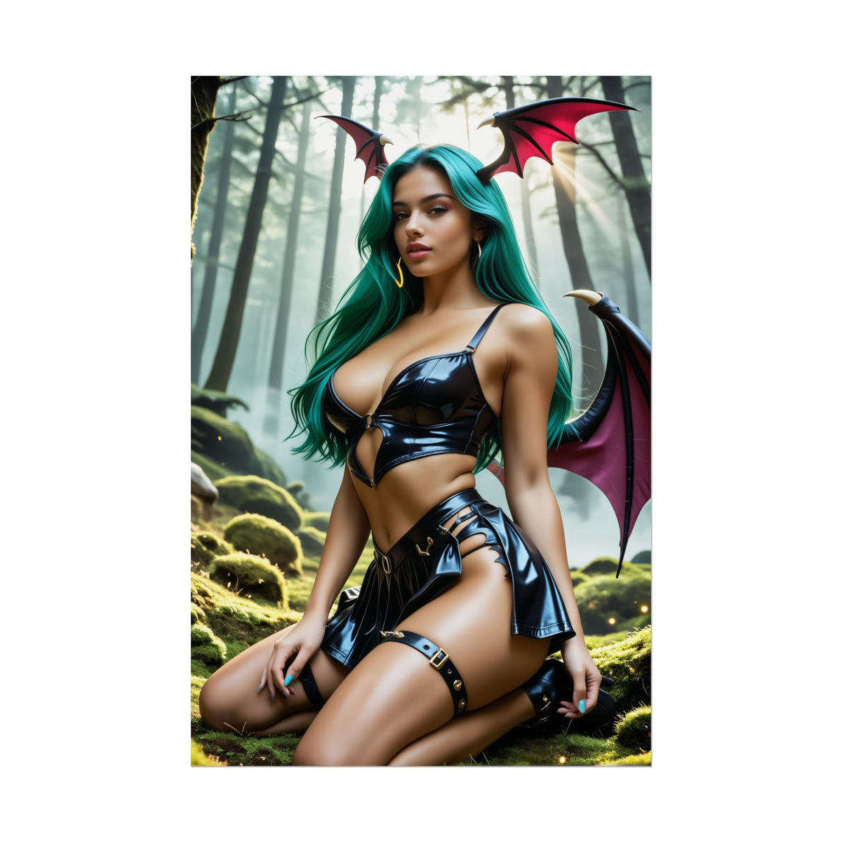 Morrigan Aensland Poster  Iconic Dark Fantasy Heroine Wall Art Decor, high-res heroine print with green hair, bat wings, glossy outfit