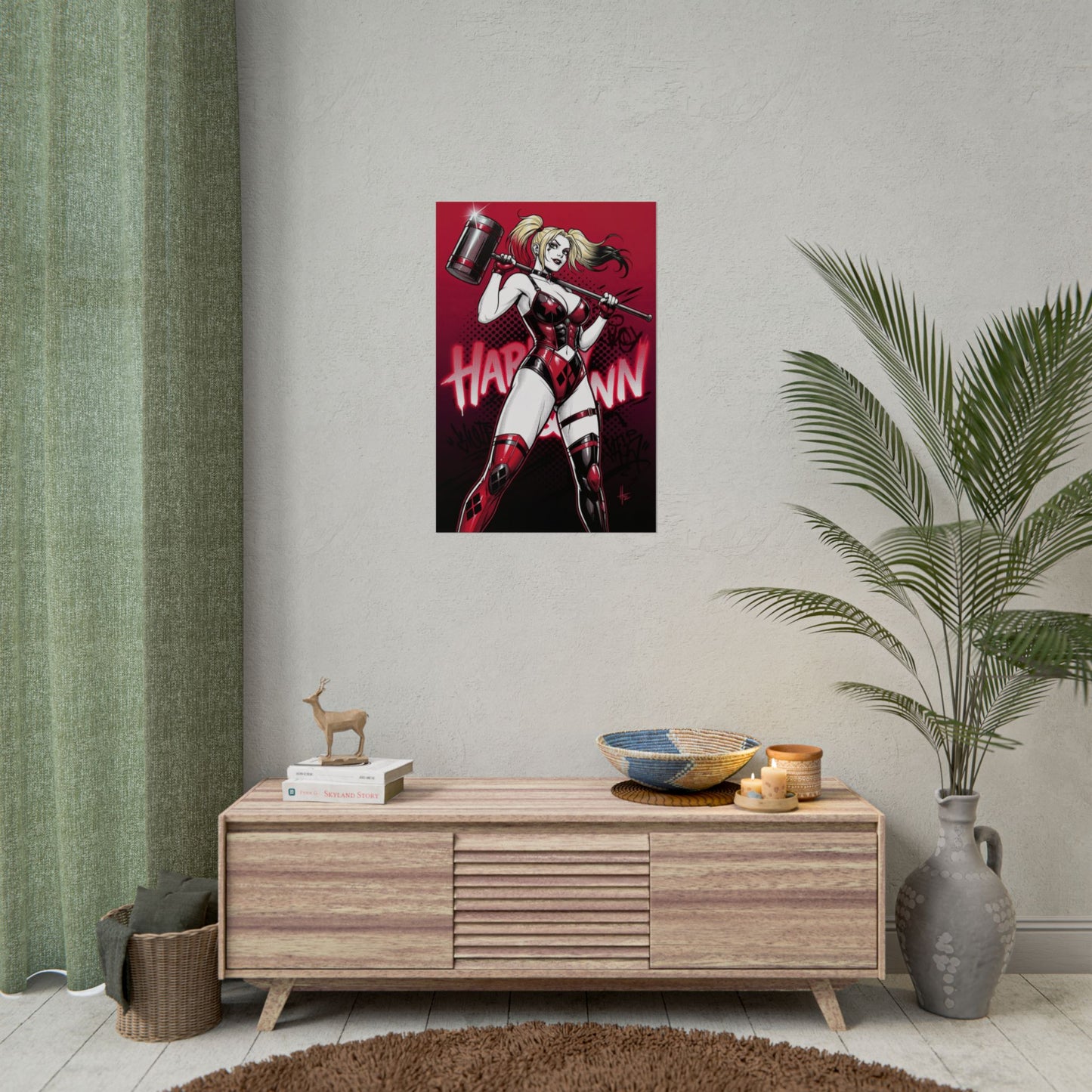 Harley Quinn Poster / Harley Quinn Wall Art / Harley Quinn Art Print / DC Comics Poster showcasing bold red black Harley Quinn with hammer on wall