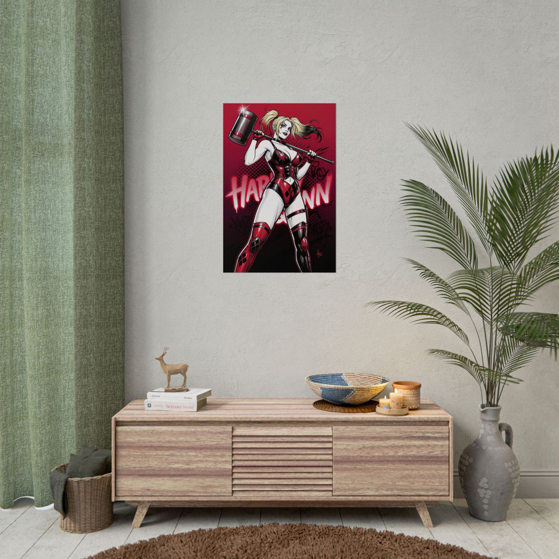 Harley Quinn Poster / Harley Quinn Wall Art / Harley Quinn Art Print / DC Comics Poster showcasing bold red black Harley Quinn with hammer on wall