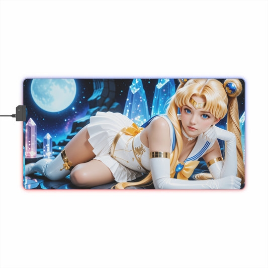 Sailor Moon Desk Mat – LED RGB Pad, Waifu Anime Girl Gaming Setup showing blonde waifu in sailor outfit on illuminated RGB gaming desk mat