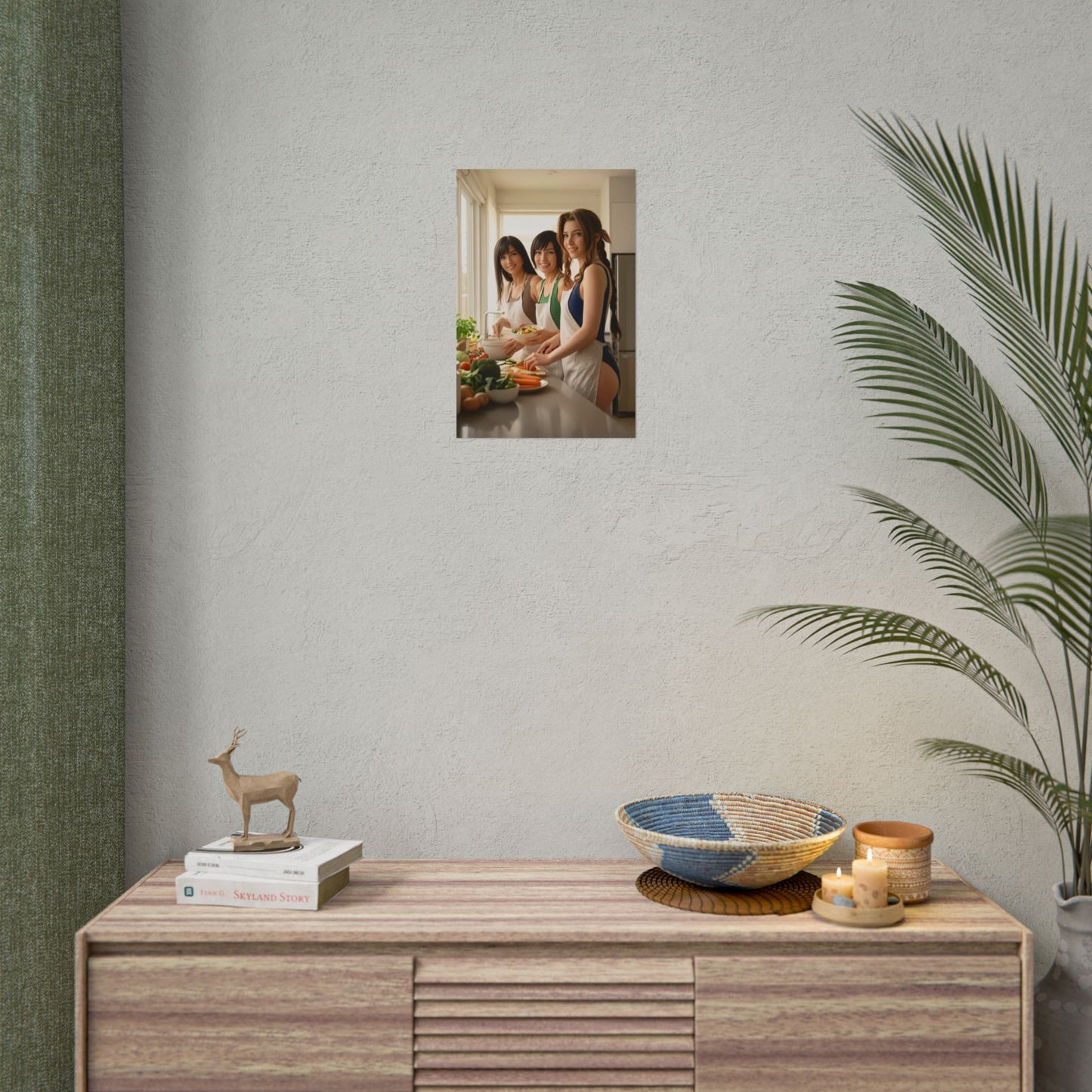 Tifa Aerith Yuffie Poster, Final Fantasy VII Art Print, Iconic RPG Trio - framed gaming art on neutral wall above console in modern gaming room decor