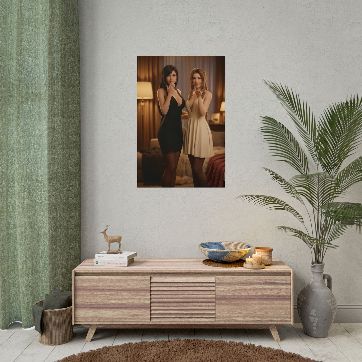 Tifa Aerith Poster, Final Fantasy Art Print – Gamer Gift Wall Art framed on living room wall with two characters in elegant dresses
