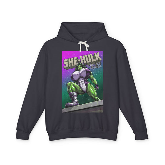 She-Hulk Hoodie | Marvel Superhero Hoodie | Unstoppable Force Pullover front graphic pullover showing She-Hulk comic art on dark cotton hoodie