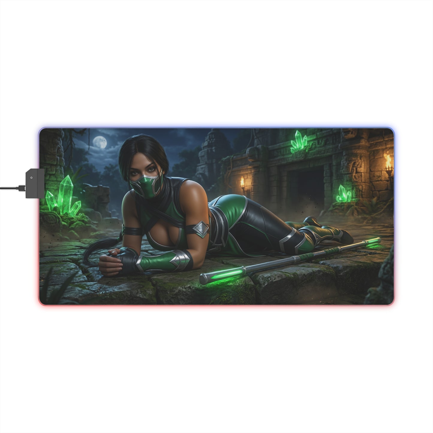 Jade Desk Mat – LED RGB Pad, Waifu Fighter Anime Girl Setup featuring a masked green-clad assassin on illuminated gaming desk mat