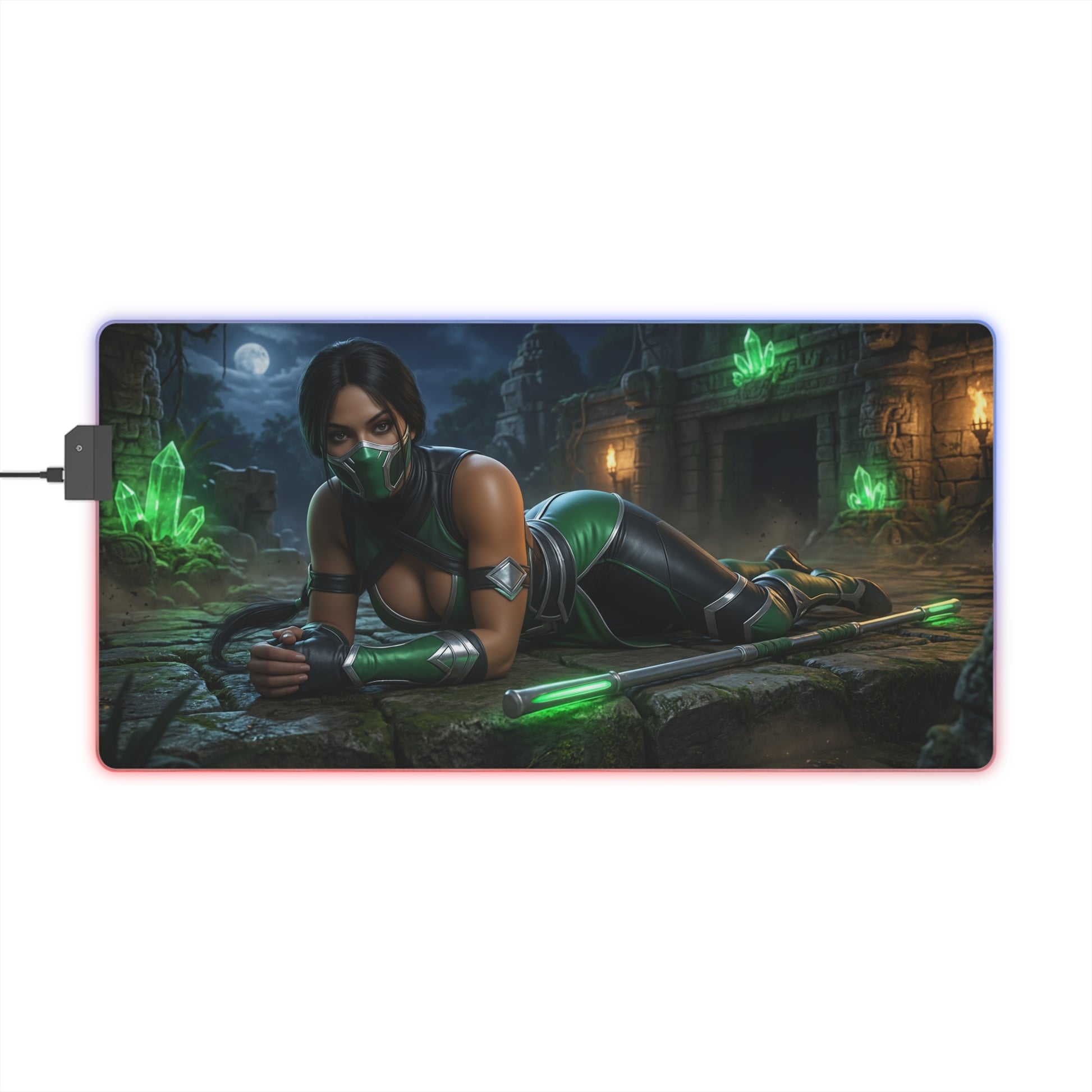 Jade Desk Mat – LED RGB Pad, Waifu Fighter Anime Girl Setup featuring a masked green-clad assassin on illuminated gaming desk mat
