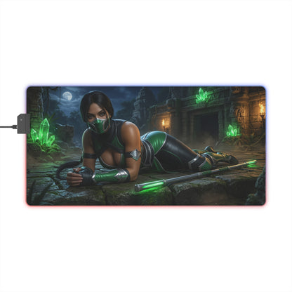 Jade Desk Mat – LED RGB Pad, Waifu Fighter Anime Girl Setup featuring a masked green-clad assassin on illuminated gaming desk mat