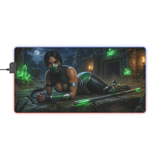 Jade Desk Mat – LED RGB Pad, Waifu Fighter Anime Girl Setup featuring a masked green-clad assassin on illuminated gaming desk mat
