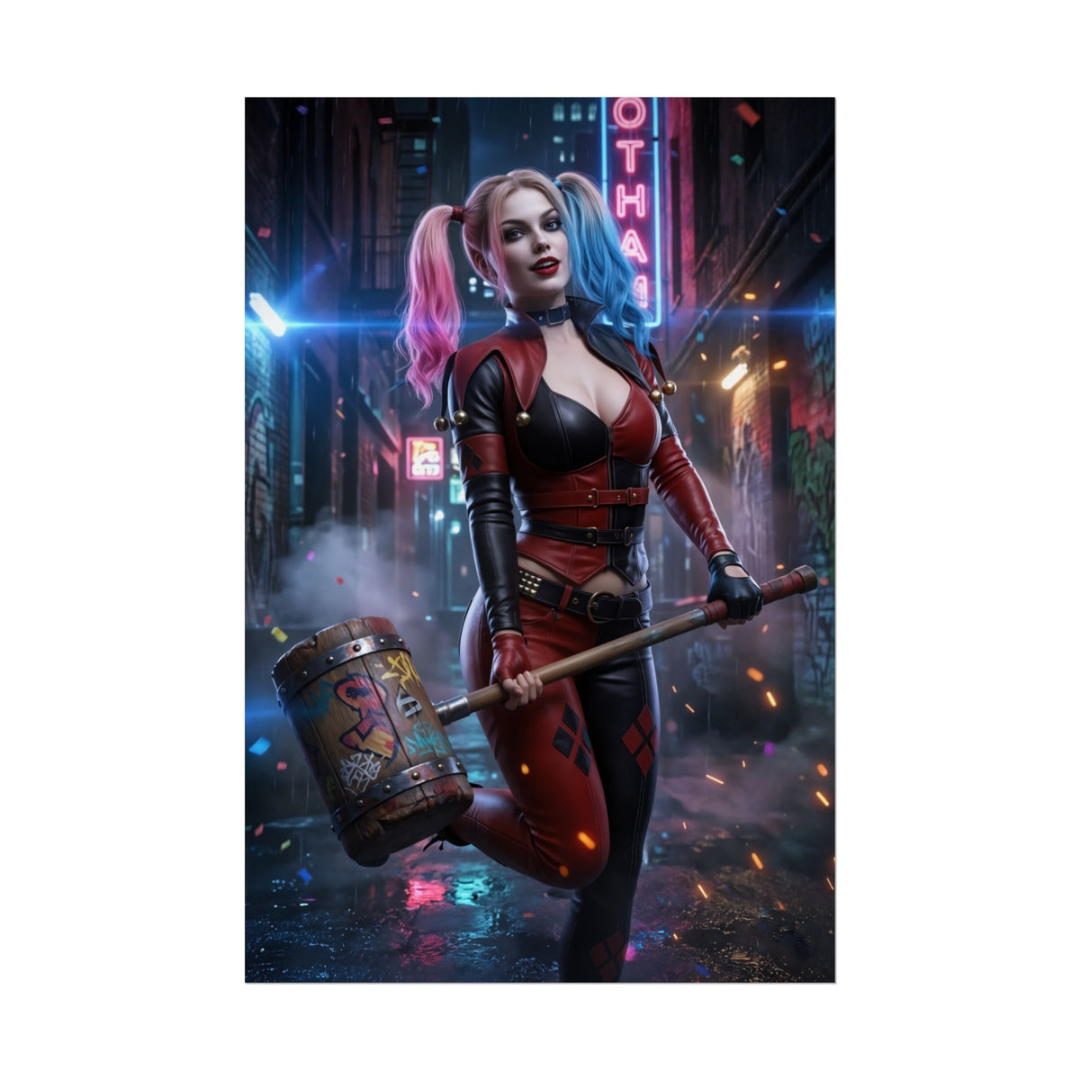 Harley Quinn Poster, DC Comics Art Print  Iconic Anti-Heroine Wall Art featuring Harley Quinn in red-black costume with mallet in neon city alley
