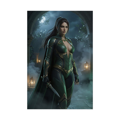 Talia al Ghul Poster, DC Comics Wall Art Print – Dark Hero Decor featuring armored Talia in green costume with dagger, moody gothic gaming room art