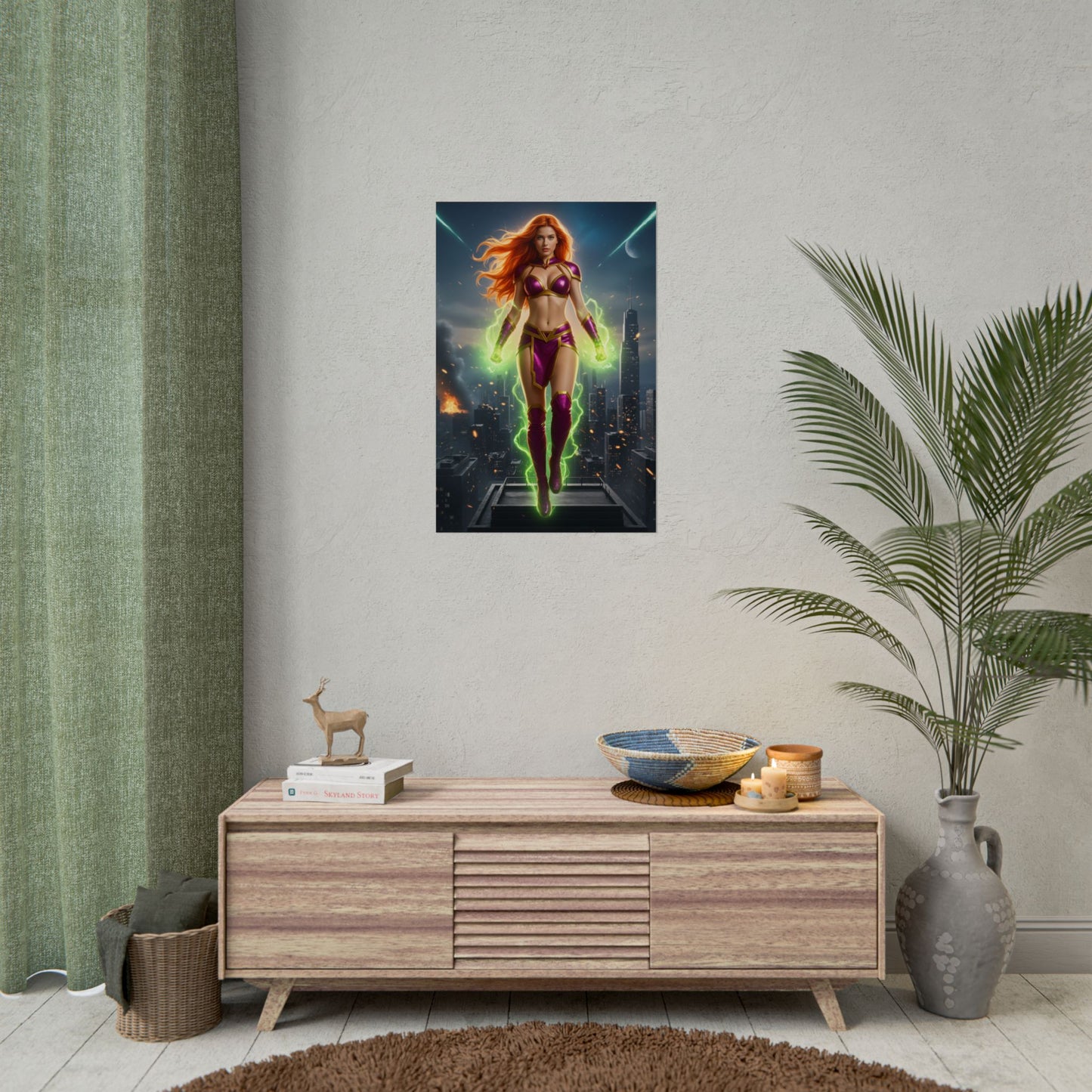 Starfire Poster, Teen Titans Art Print, Iconic Alien Hero Wall Decor - vibrant Starfire art above modern console in living room