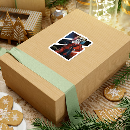 Harley Quinn Sticker – Comic Character Vinyl Sticker for Laptops & Indoor Decor on a gift box, glossy durable vinyl, vibrant comic-style artwork