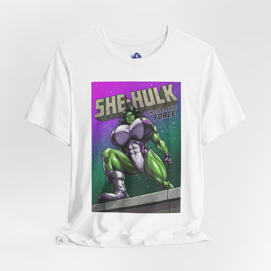 She-Hulk T-Shirt | Marvel Comic Heroine Anime Tee white Bella Canvas 3001 showing comic-style She-Hulk in dominant stance