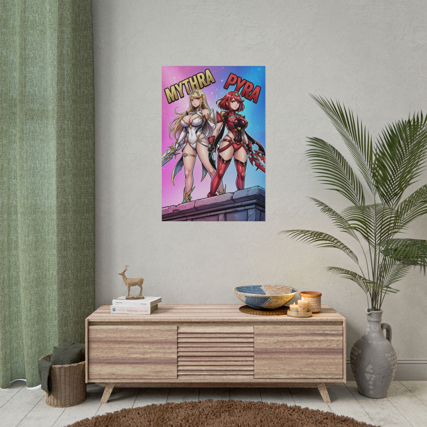 Mythra Pyra Poster / Mythra Pyra Wall Art / Mythra Pyra Art Print / JRPG Poster showing two armored heroines standing side by side in vibrant anime-style art
