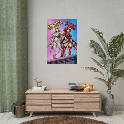 Mythra Pyra Poster / Mythra Pyra Wall Art / Mythra Pyra Art Print / JRPG Poster showing two armored heroines standing side by side in vibrant anime-style art